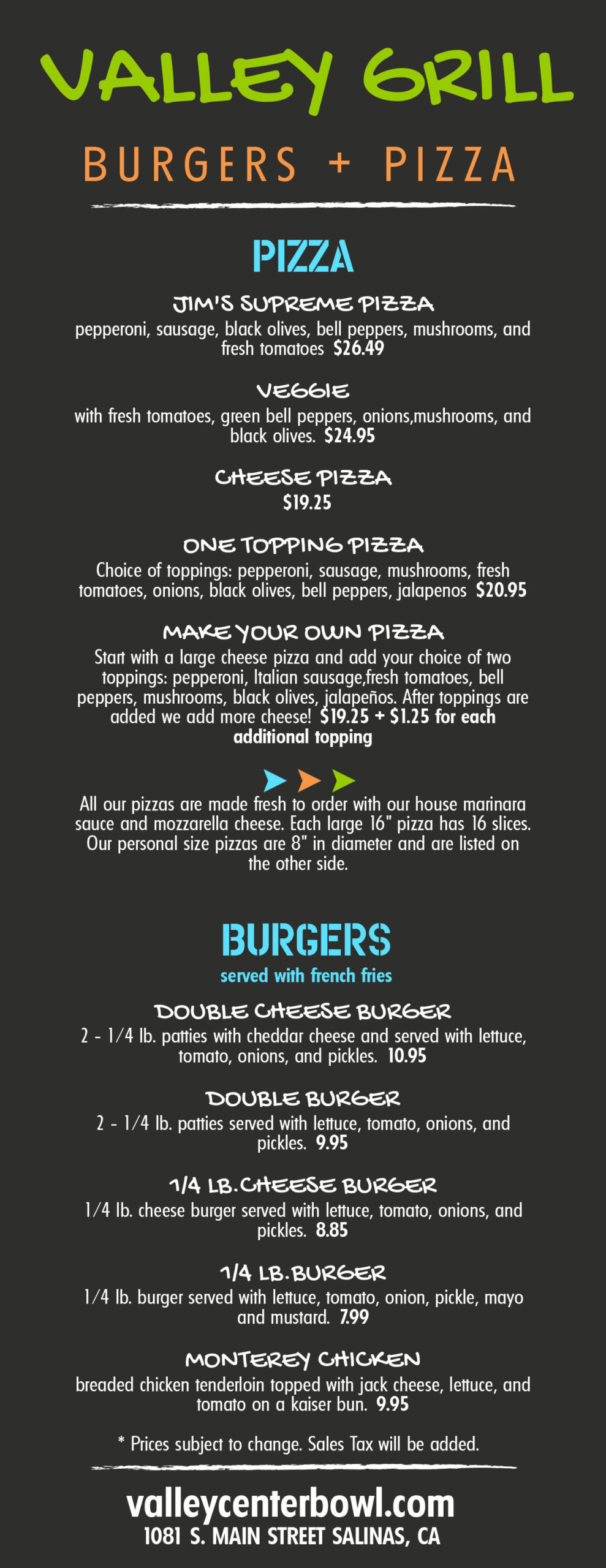 Valley Center Grill Menu Bowling Alley Salinas, California